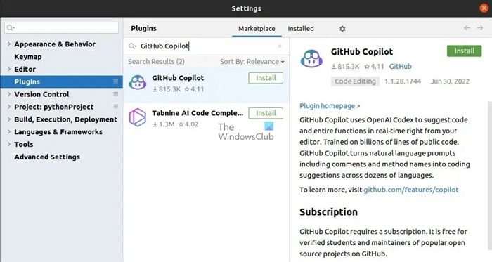 Installation du plugin Python Copilot