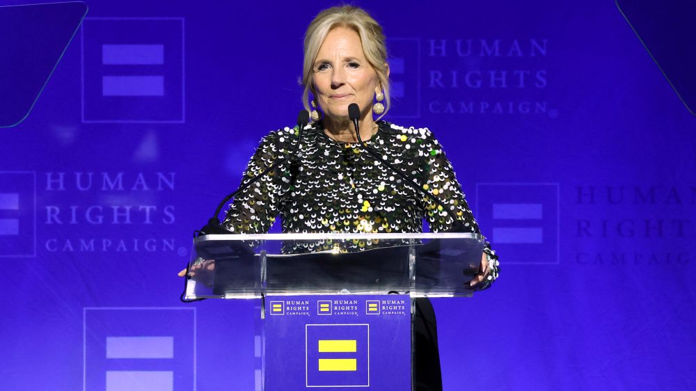 LOS ANGELES, CALIFORNIA - MARCH 23: Dr. Jill Biden speaks onstage during the Human Rights Campaign's 2024 Los Angeles Dinner at Fairmont Century Plaza on March 23, 2024 in Los Angeles, California.  (Photo by Monica Schipper/Getty Images)