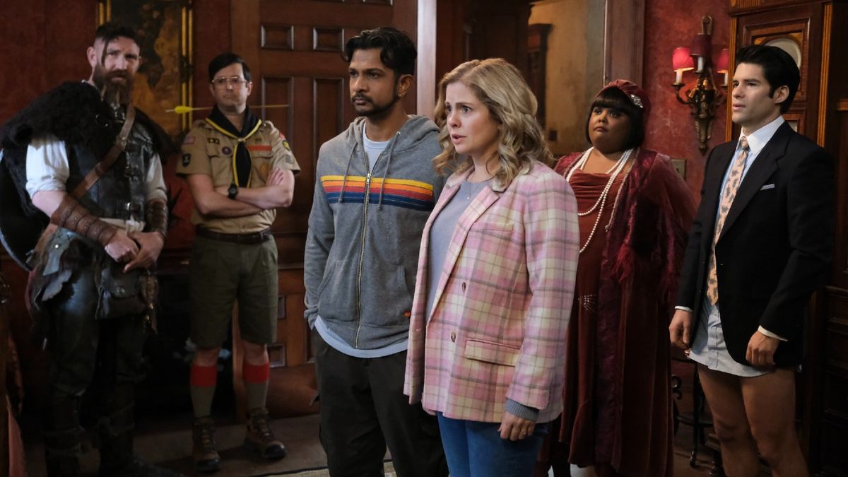 Pictured (L-R): Devan Chandler Long as Thorfinn, Richie Moriarty as Pete, Utkarsh Ambudkar as Jay, Rose McIver as Samantha, Danielle Pinnock as Alberta, and Asher Grodman as Trevor.