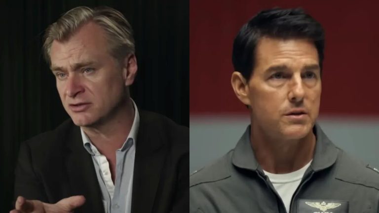 Christopher Nolan speaking in behind the scenes Tenet video, and Tom Cruise shown in Top Gun: Maverick, pictured side by side.