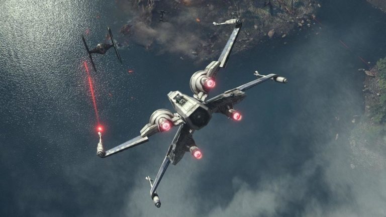 X-Wing shooting at TIE Fighter in Star Wars: The Force Awakens