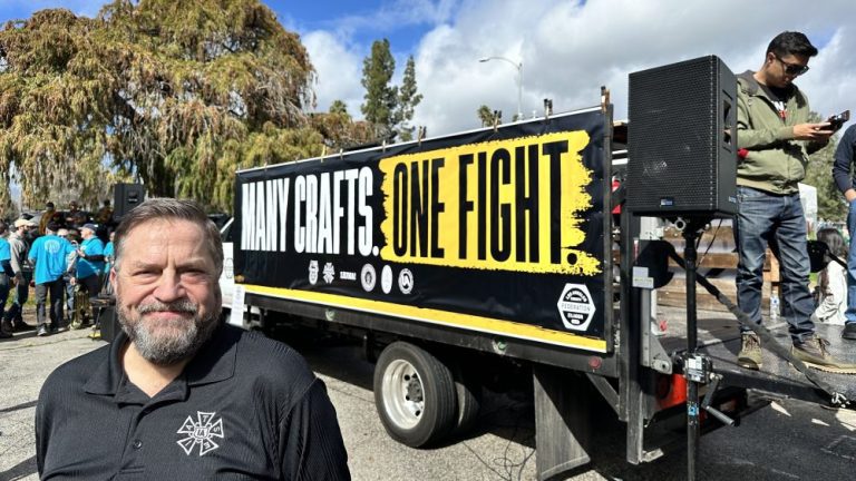 Matt Loeb, president of IATSE, appears at the Many Crafts, One Fight rally on March 3, 2024.