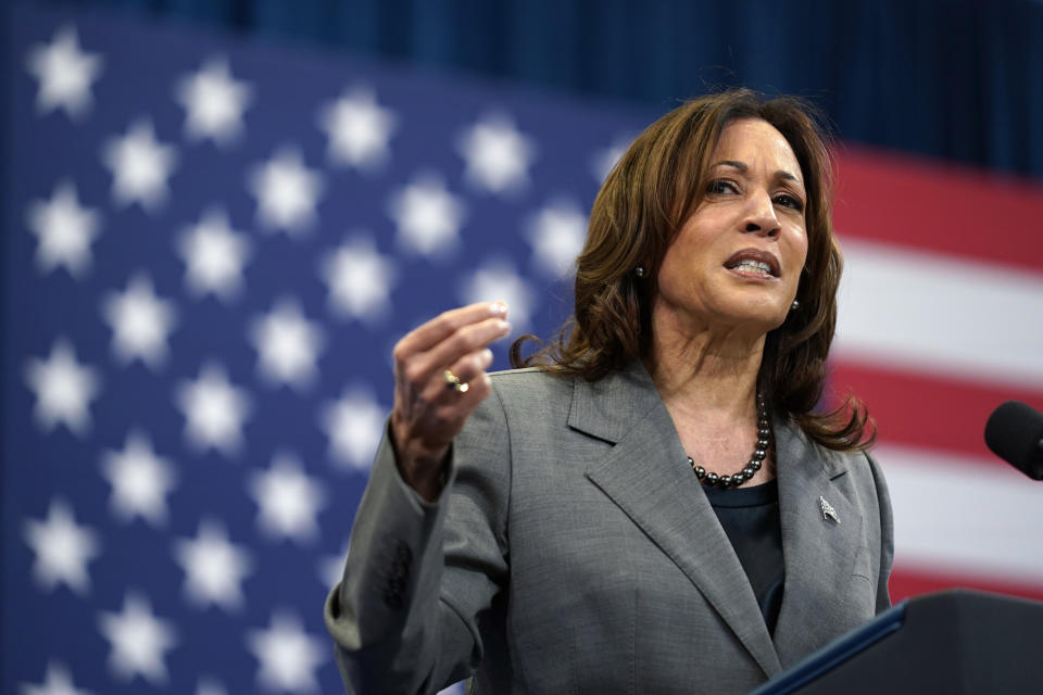 La vice-présidente Kamala Harris prononce une allocution lors d'un événement de campagne avec le président Joe Biden à Raleigh, Caroline du Nord, le mardi 26 mars 2024. (AP Photo/Stephanie Scarbrough)