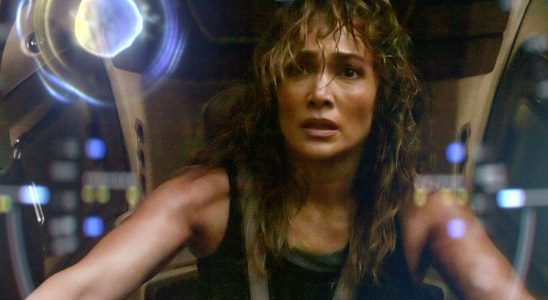 Jennifer Lopez looks horrified in a mech suit in Atlas.