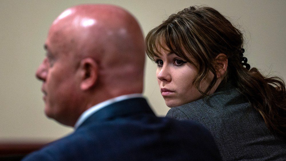 Hannah Gutierrez-Reed sits with her attorney Jason Bowles during the first day of testimony in the trial against her in First District Court, in Santa Fe, N.M., Thursday, February 22, 2024. Gutierrez-Reed, who was working as the armorer on the movie "Rust" when a revolver actor Alec Baldwin was holding fired killing cinematographer Halyna Hutchins and wounded the film’s director Joel Souza, is charged with involuntary manslaughter and tampering with evidence.