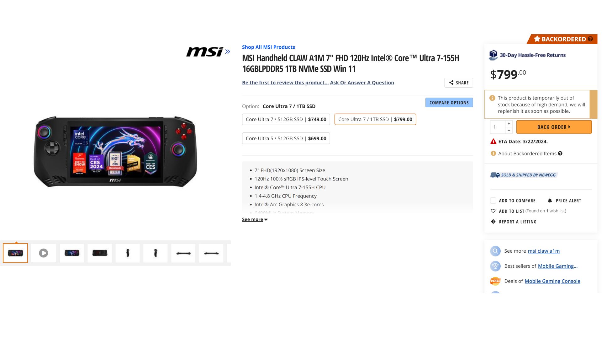 Capture d'écran de la page de commande en rupture de stock de Newegg MSI Claw