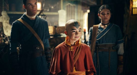 From left to right: Ian Ousley as Sokka, Gordon Cormier as Aang and Kiawentiio as Katara.