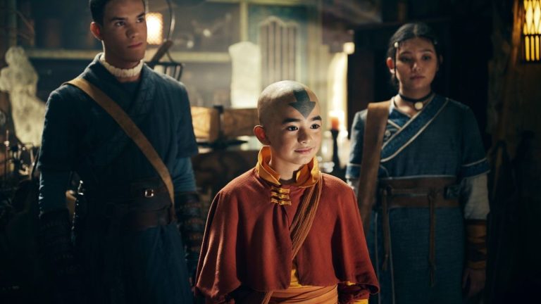 From left to right: Ian Ousley as Sokka, Gordon Cormier as Aang and Kiawentiio as Katara.