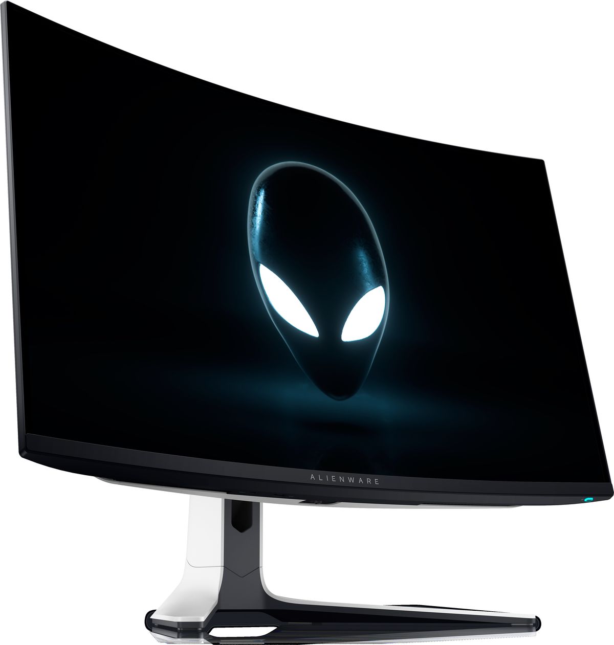 Une image du moniteur de jeu Alienware AW3225QF QD-OLED montrant le logo Alienware sur son écran.  Le moniteur est vu sous un angle diagonal avant.