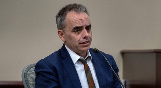 Director Joel Souza testifies in the trial against Hannah Gutierrez-Reed, in First District Court, in Santa Fe, N.M., Thursday, February 22, 2024. Gutierrez-Reed, who was working as the armorer on the movie "Rust" when a revolver actor Alec Baldwin was holding fired killing cinematographer Halyna Hutchins and Souza, is charged with involuntary manslaughter and tampering with evidence.