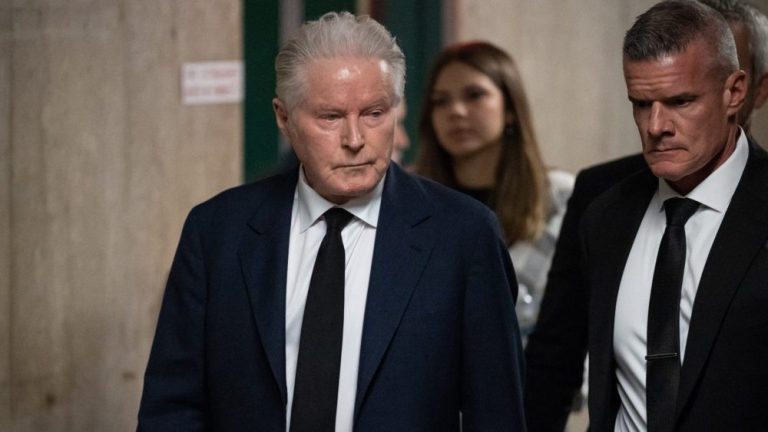 US musician Don Henley of the band "Eagles" arrives at the courtroom after lunch break at Manhattan Criminal Court on February 26, 2024, in New York. The Eagles frontman Don Henley said Monday he was the victim of "extortion" as the trial began of three men accused of trying to sell around 100 pages of stolen notes from the band's 1976 album "Hotel California". (Photo by Yuki IWAMURA / AFP) (Photo by YUKI IWAMURA/AFP via Getty Images)