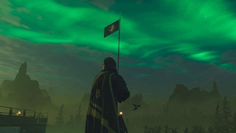 Helldivers 2 screenshot of a player in front of a flag, looking at the glowing sky