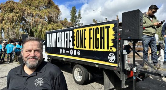 Matt Loeb, president of IATSE, appears at the Many Crafts, One Fight rally on March 3, 2024.