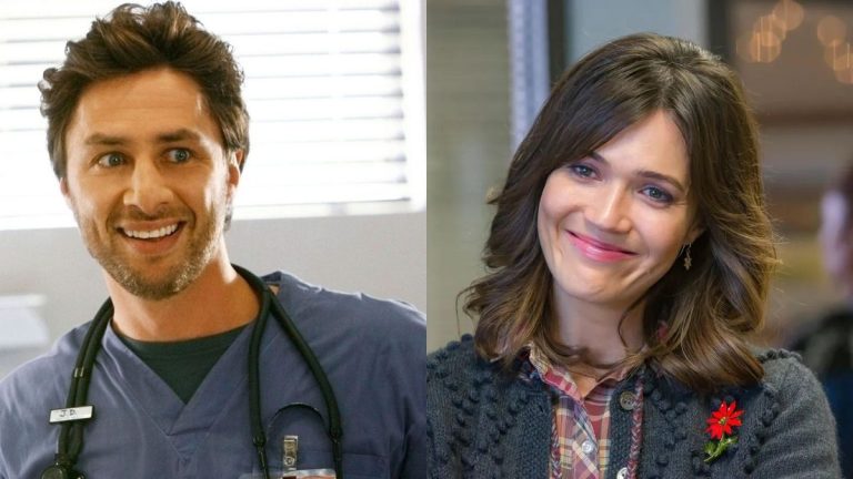 Side by side photo of Mandy Moore on This is Us and Zach Braff on Scrubs