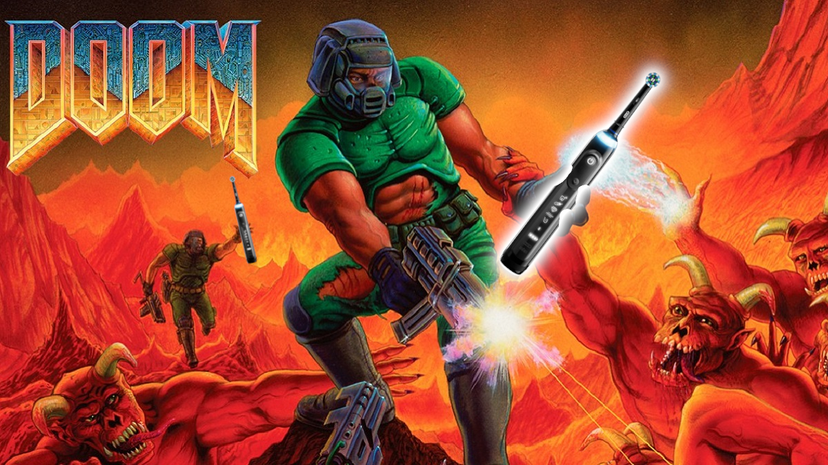 Doom: the Doom Slayer holding a large toothbrush as demons reach out for him.