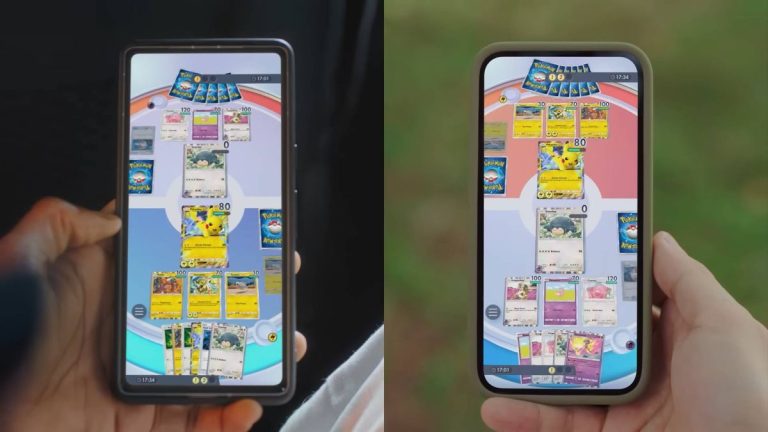 Two phones displaying Pokemon Trading Card Game Pocket