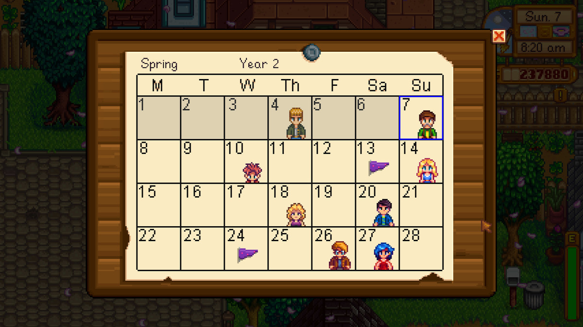 Calendrier de printemps de Stardew Valley, montrant divers anniversaires et jours de festival