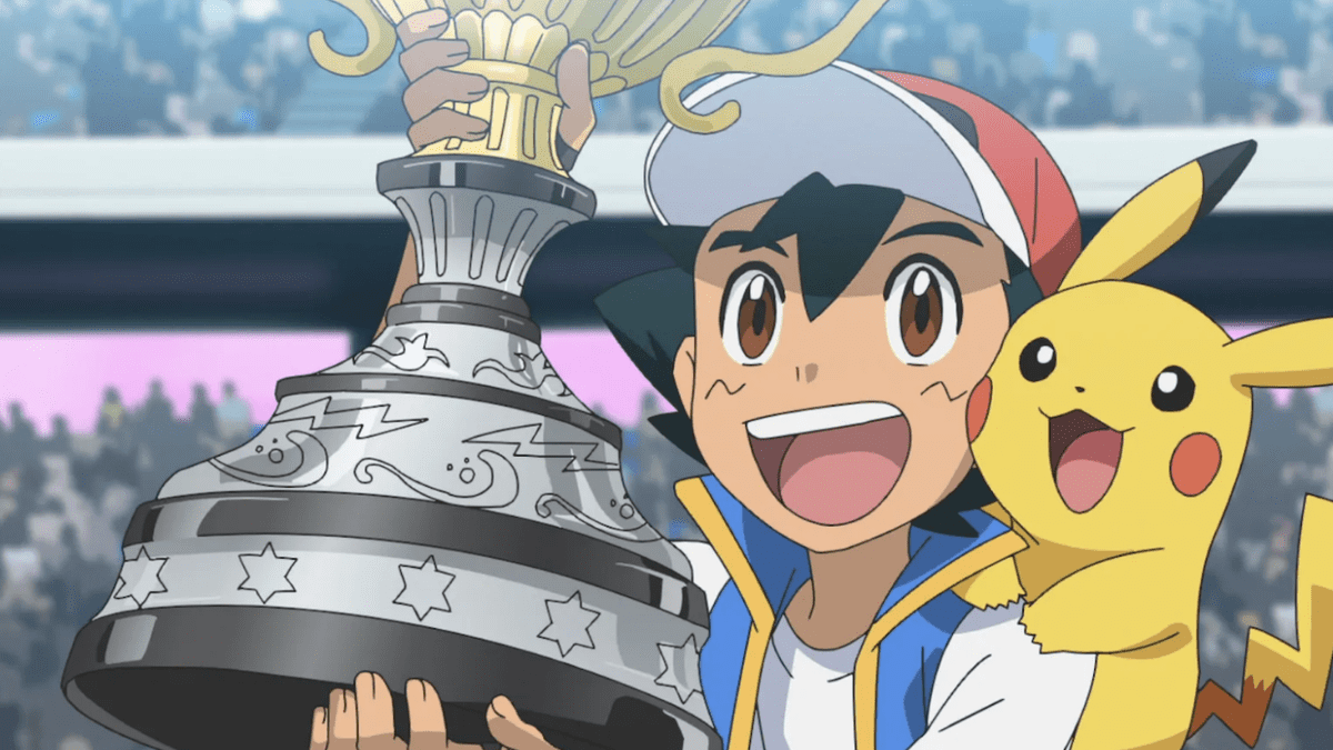 Ash and Pikachu with the trophy in Pokemon