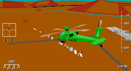 Thunder Helix green helicopter over desert.