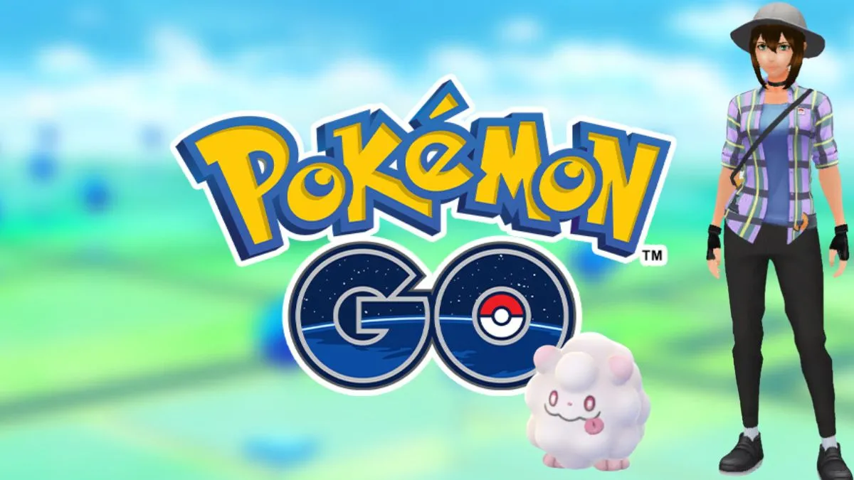 Image of the Pokemon GO map and logo, with an avatar standing next to a Swirlix buddy Pokemon