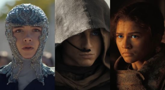 Florence Pugh as Princess Irulan, Timothee Chalamet as Paul Atriedes and Zendaya as Chani in Dune: Part 2