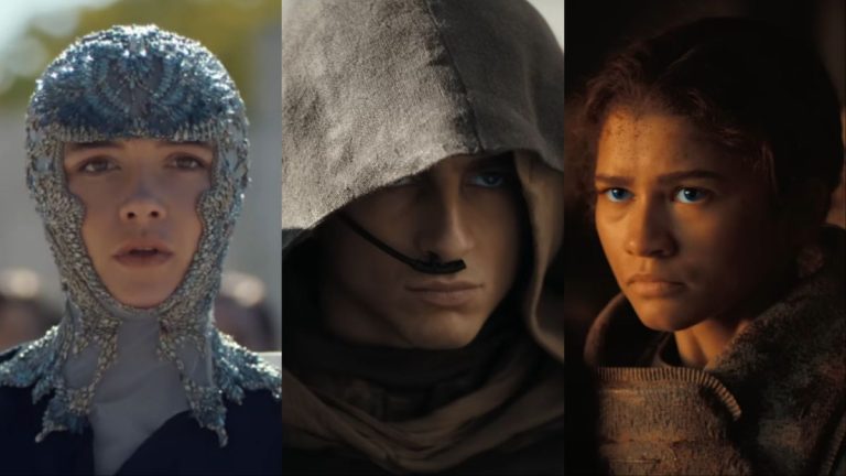 Florence Pugh as Princess Irulan, Timothee Chalamet as Paul Atriedes and Zendaya as Chani in Dune: Part 2