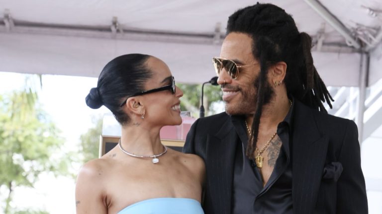 Zoë Kravitz poses with Lenny Kravitz during his Hollywood Walk of Fame Star Ceremony on March 12, 2024 in Hollywood, California.