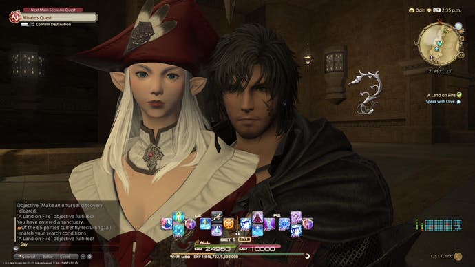 Capture d'écran de Final Fantasy 14 avec interface utilisateur et Clive de Final Fantasy 16 à côté d'un joueur elfe aléatoire