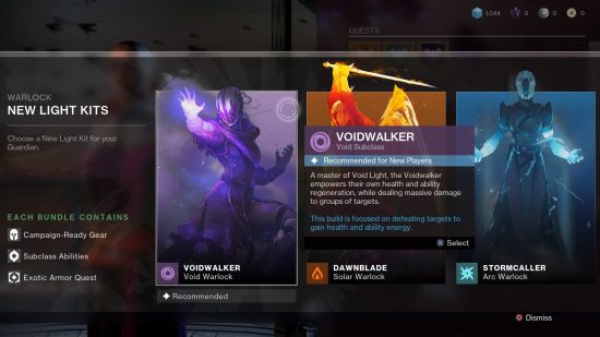 Destiny 2 Into The Light : une capture d'écran d'un menu Destiny 2 affichant des informations sur les nouveaux kits d'éclairage.