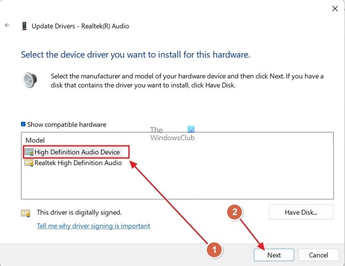 Passer au pilote de périphérique audio HD par défaut sous Windows