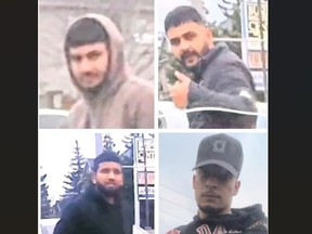 Akashdeep Singh, 28 ans (en haut à gauche), et Ramanpreet Massih, 23 ans (en haut à droite), sont recherchés ainsi que deux hommes non identifiés pour un violent incident de rage au volant survenu à Brampton le mercredi 27 mars 2024.