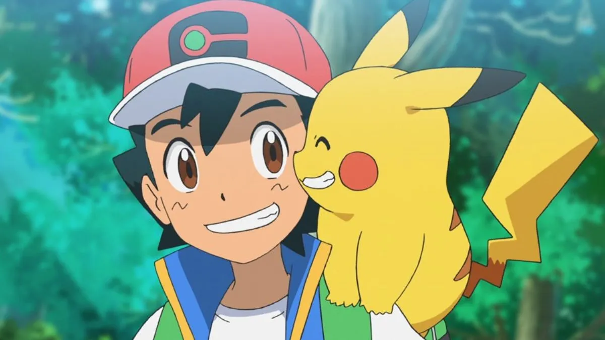 Image of Ash Ketchum and Pikachu from Pokemon. Pikachu is sitting on Ash's shoulder.