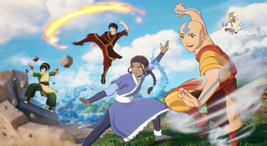 Aang, Katara, Zuko, and Toph using their bending abilities.