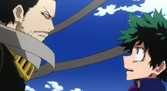 Aizawa and Deku facing down in My Hero Academia