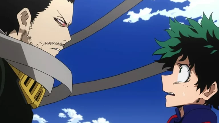 Aizawa and Deku facing down in My Hero Academia