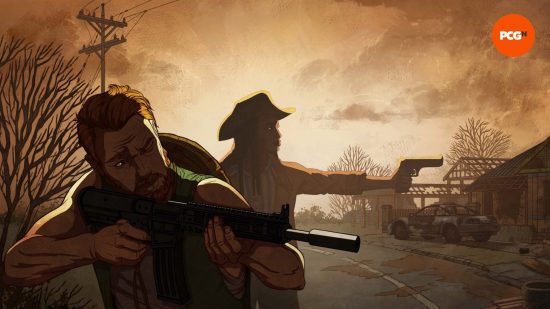 Revue de Broken Roads : Un homme et une femme de bande dessinée visant des armes à feu, de Broken Roads.