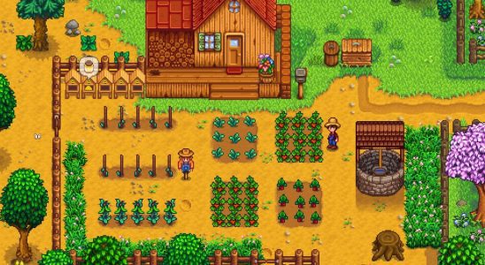 A screenshot of a farmer admiring their crops in Stardew Valley.