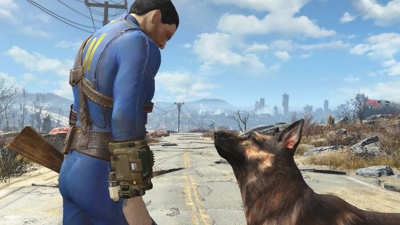 Fallout 4, with a man in a blue vault suit and his dog looking at each other on a desert road.