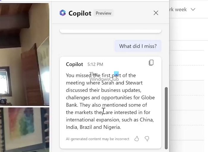 Connaître les parties manquées de la réunion grâce à Copilot AI