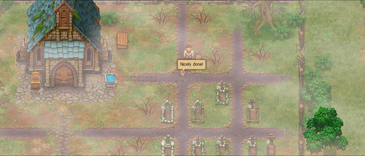 Un crâne dit « Bien joué ! »  dans un cimetière dans Graveyard Keeper