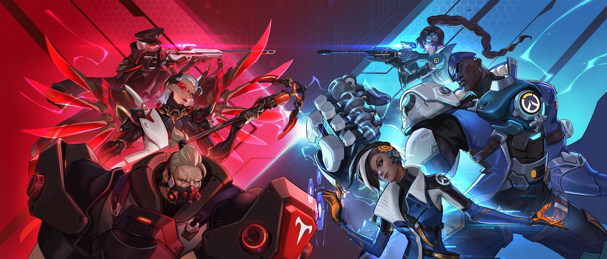 Les versions Overwatch de Doomfist, Sombra et Widowmaker affrontent les méchantes versions Talon de Mercy, Reinhardt et Ana dans des illustrations du mode Mirrorwatch d'Overwatch 2.