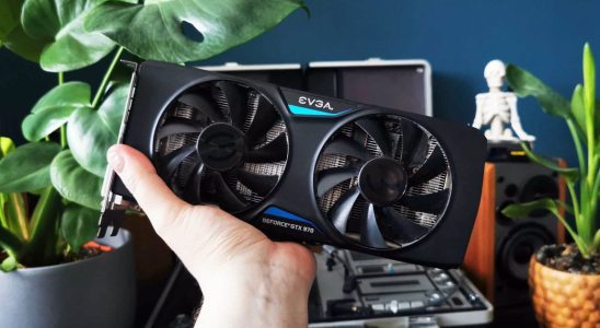 EVGA version of Nvidia GeForce GTX 970 being held with plants in bakcdrop