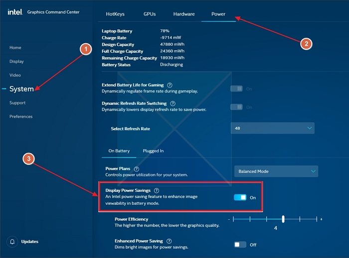 Désactiver l'économie d'énergie de l'affichage sur la batterie dans Intel Graphics Command Center