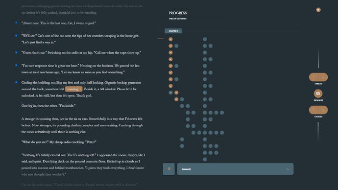 Une page de texte en Penrose, avec un graphique montrant la progression à travers différents nœuds du jeu sur un côté.