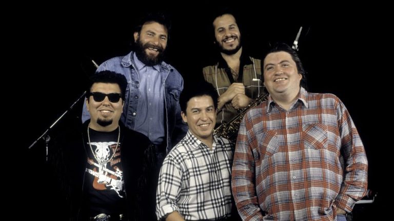 Portrait of the band Los Lobos at the Riviera Theater in Chicago, Illinois , October 1, 1987. (Photo by Paul Natkin/Getty Images)