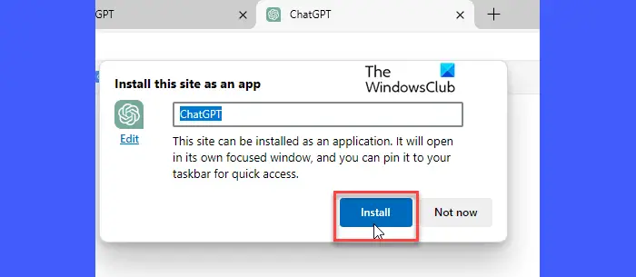 Installer comme confirmation d'application dans Edge