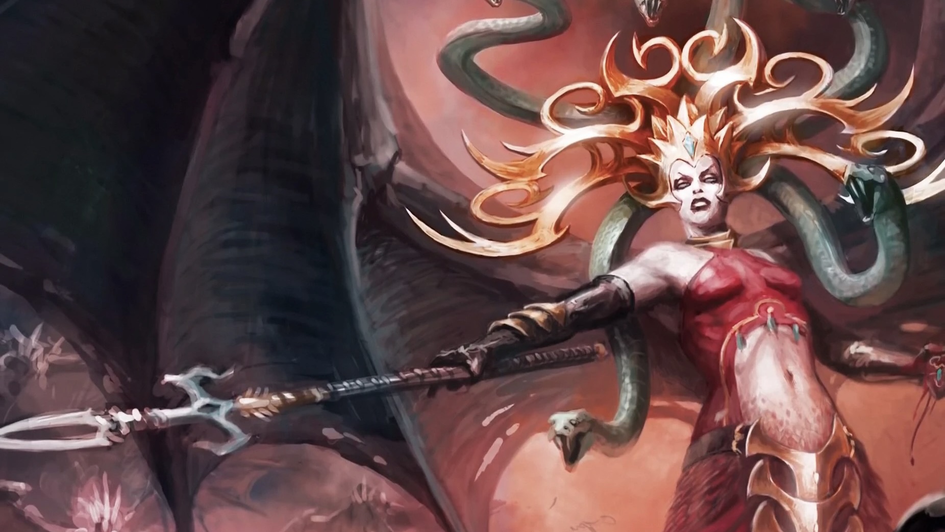 Morathi, sous sa forme de Reine des Ombres avec une queue et des ailes de serpent