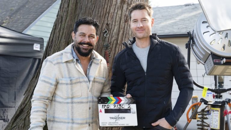 Director Jon Huertas and Justin Hartley on set of 