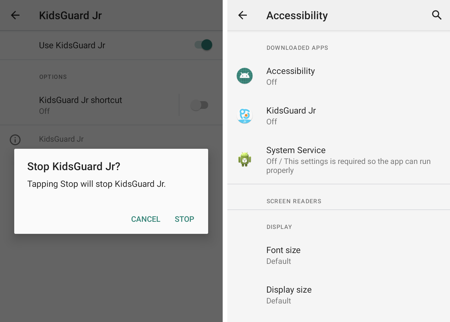 Deux captures d'écran côte à côte montrant une application appelée KidsGuard détournant la fonctionnalité d'accessibilité d'Android pour espionner les utilisateurs sans méfiance.  La deuxième capture d'écran montre trois applications de stalkerware – appelées Accessibility, KidsGuard et System Service – toutes désactivées afin qu'elles ne fonctionnent plus activement.