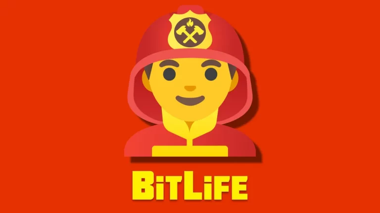 A firefighter emoji on an orange background with the BitLife logo underneath it.